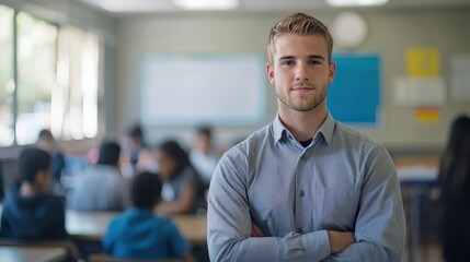 Fototapeta premium Smiling young teacher stands in his classroom with students in the background, symbolizing education and knowledge. Suited for education, youth, and motivational themes.