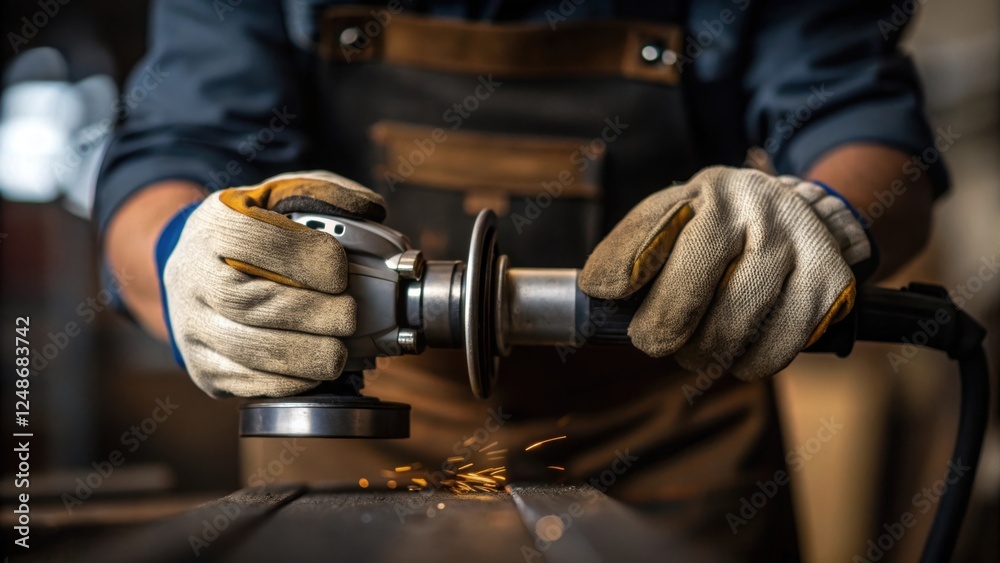Poster a medium closeup shot capturing the operators hands gripping the metal grinder with the focus on the