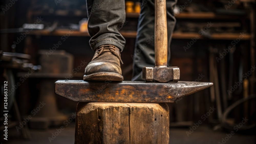 Poster a medium closeup showcasing the blacksmiths foot positioning on a worn wooden block for support grou