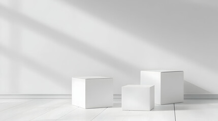 Three white cubes on wooden floor, sunlit wall background; product display