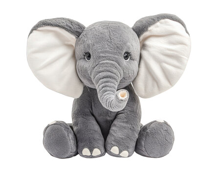 cheerful toy elephant with big ears, sitting on transparency background, perfect for children playtime and decor. This plush toy brings joy and comfort to any child