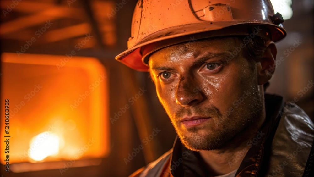 Poster A medium closeup showing the operators face sweat glistening on their brow as they concentrate on the task at hand with the orange glow of the furnace illuminating their features.