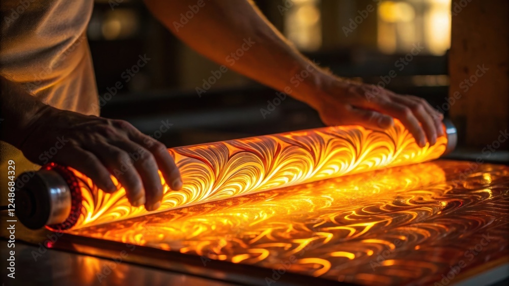 Aufkleber A medium closeup where hands are rhythmically rolling molten glass on a smooth surface imparting textures and patterns with glowing amber light illuminating the scene.