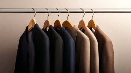 A stylish collection of tailored suits hanging on a rack against a soft, neutral background