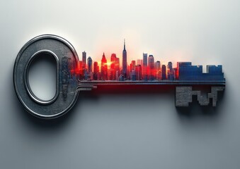 Urban Key with Skyline Metropolis Design in Silver Hyper-Realistic Style