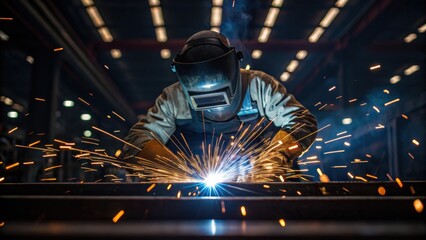 A perspective shot highlighting the welders arms in action surrounded by a flurry of sparks with the bright lights creating a dynamic visual rhythm that captures the essence of