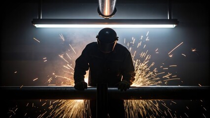 A pipe fitters silhouette is backlit by an overhead industrial light as he welds two metal pipes together the sparks flying creating a dynamic and energetic atmosphere around his
