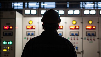 A shadowed profile of the operator with a backdrop of glowing indicators and warning lights creating a visually striking contrast that emphasizes the vigilance required in chemical