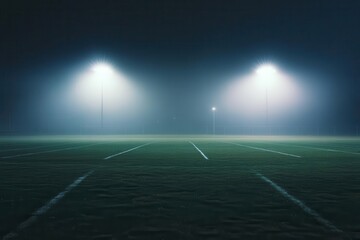 football stadium at night with dramatic floodlights illuminating empty field, perfect grass striping, atmospheric fog rolling across turf