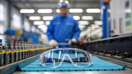 A pair of safety goggles rests on the bridge of the factory cleaners nose with reflections of clean and organized workstations in the lenses symbolizing the importance of eye