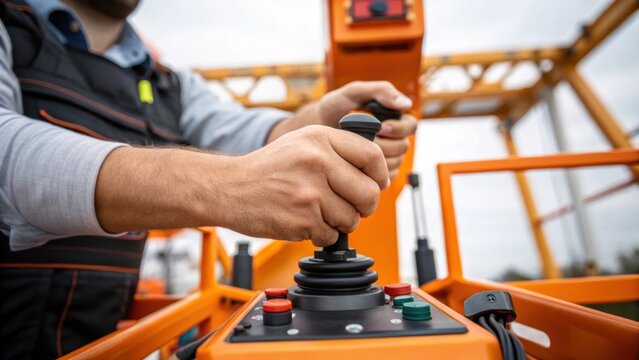 An upclose view of the workers hands manipulating the cherry pickers joystick fingers poised expertly over the controls while the platform sways gently highlighting the precision