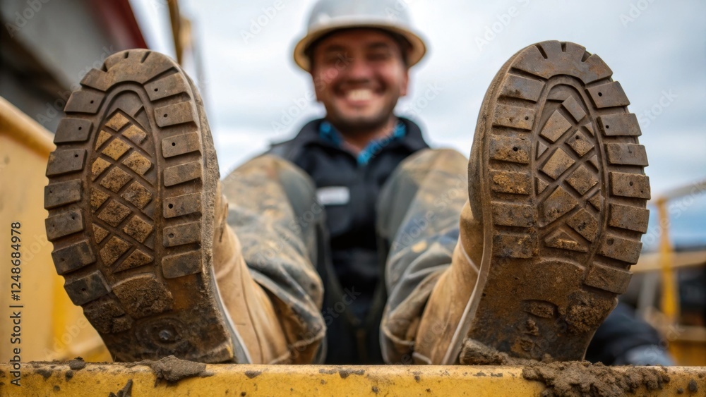 Poster a tight shot showcases the texture of the workers mudcaked boots while the background reveals hints 