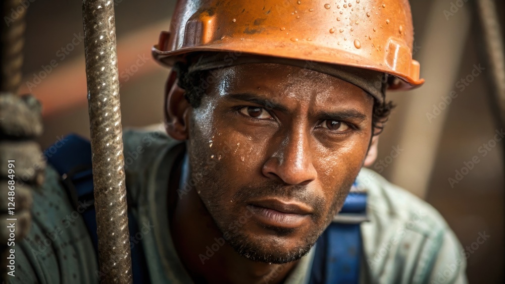 Poster captured in a medium closeup the shipbuilders face is set in concentration as beads of sweat glisten