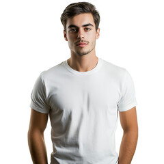 Fototapeta premium Caucasian man in plain white tee isolated on transparent white background