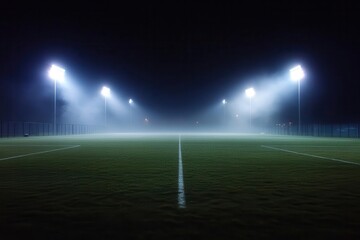 football stadium at night with dramatic floodlights illuminating empty field, perfect grass striping, atmospheric fog rolling across turf