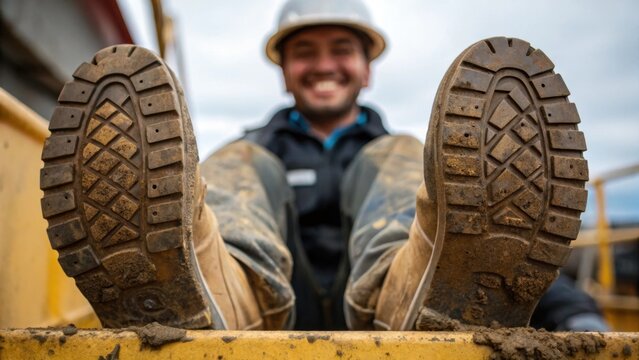 A tight shot showcases the texture of the workers mudcaked boots while the background reveals hints of his smiling face illustrating the theme of hard work leading to personal