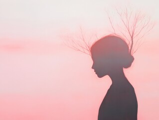 silhouette of a woman with tree branches in pink sky