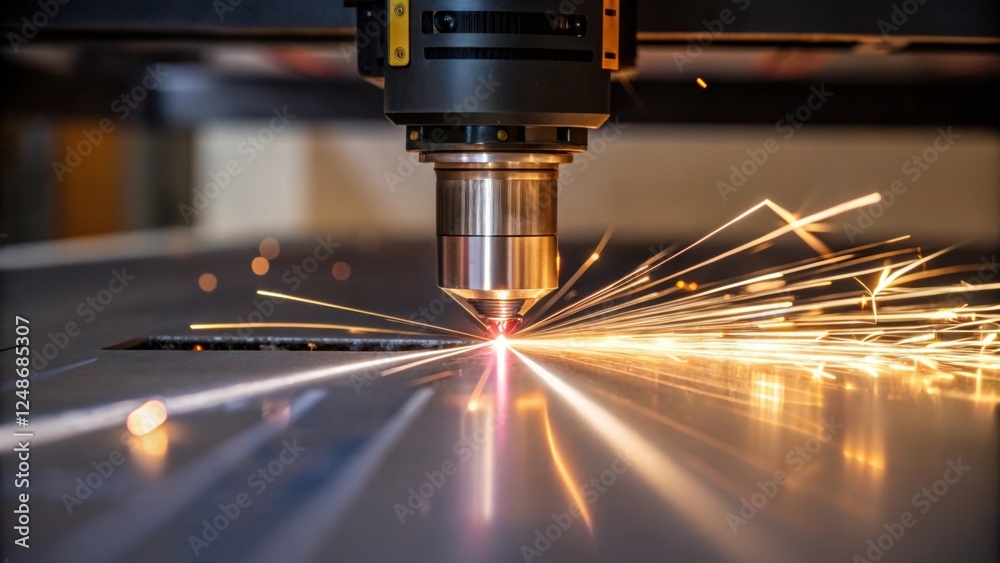 Poster Closeup of a laser ting lens reflecting beams of light as it hovers just above a flat material. Sparks fly around the ting area capturing the intensity and energy of the operation