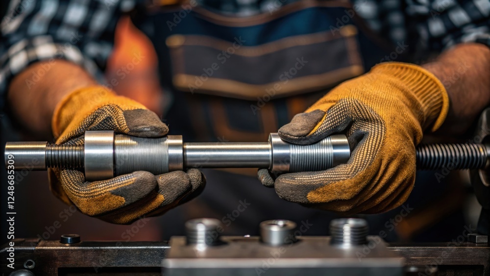 Poster Closeup of a machinists hands firmly gripping a precision tool as they adjust a part on the lathe intricate details of their work gloves and calloused fingers showcasing years of