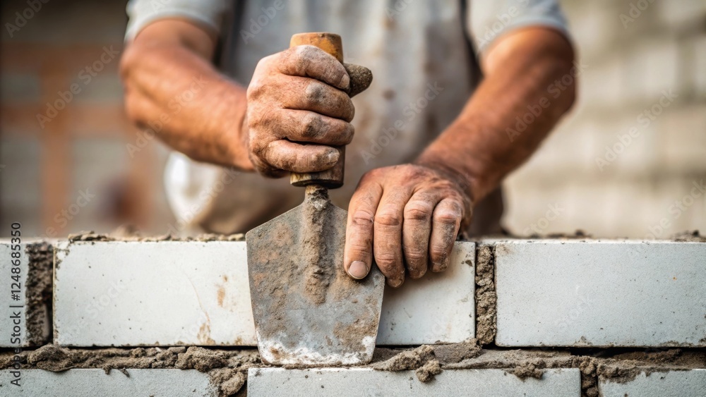 Poster Closeup of a masons calloused hands gripping a trowel with a blurred image of a partially constructed wall in the background emphasizing the strength and skill involved in his