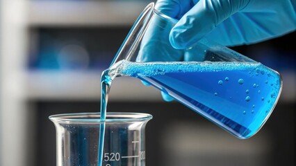 Closeup of a hand wearing a glove carefully pouring a blue liquid from a graduated cylinder into a beaker with fine droplets glistening at the edge of the glass.