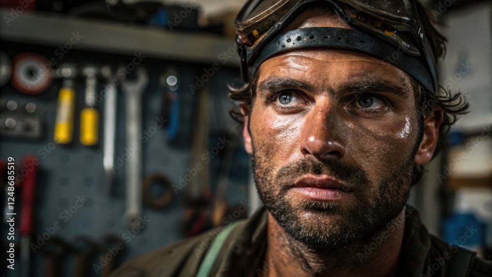 Aufkleber closeup of a mechanics rugged face framed by a backdrop of tools and machinery with sweat glistening