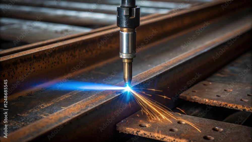Poster Closeup of a welding torch in action the bright blue flame contrasting sharply with the gritty texture of rusty metal plates being joined together creating a scene filled with