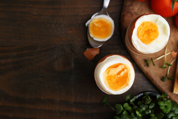 Soft boiled eggs on wooden table, flat lay. Space for text