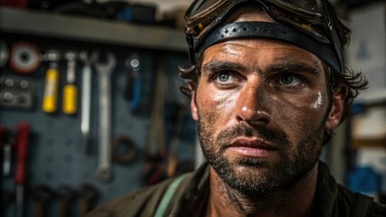 Closeup of a mechanics rugged face framed by a backdrop of tools and machinery with sweat glistening on their brow illustrating determination and hard work.