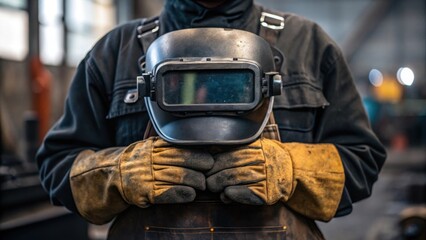Closeup of a steelworkers calloused hands gripping safety goggles and a welding helmet emphasizing the strength and resilience required in his profession with a blurred background