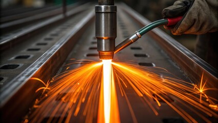 Closeup of molten metal flowing seamlessly from the welding torch the bright orange glow contrasting with the steel surface. The welders steady hands are ly visible in the edges of