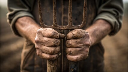 Closeup of hands rough and calloused gripping a pitchfork tightly. Soil and dirt cling to the fingers evidence of hard work in the field.