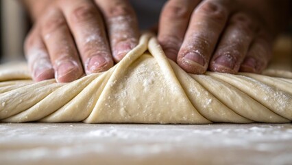 Closeup of the bakers fingertips gently pulling and folding the dough highlighting the texture and glistening surface created by the moisture and flour.