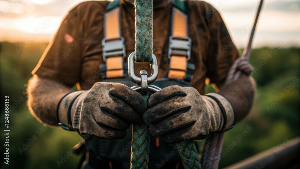 Poster closeup of the linemans weathered hands gripping a safety harness the calluses and dirt on his finge