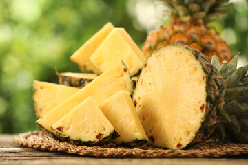 Fresh ripe pineapples on wooden table against blurred background, closeup
