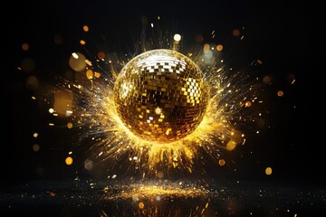 A shiny disco ball explodes in mid-air with a burst of light and sparks