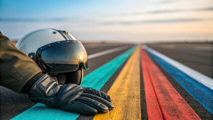 Fototapeta premium Closeup of the pilots gloved hand resting on the side of their flight helmet a symbol of calmness with the vibrant tarmac lines drawing the viewers gaze toward the horizon.