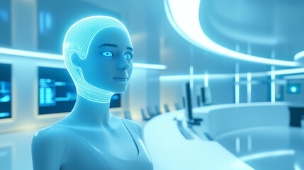 Obraz premium Futuristic Robot with Glowing Features in High Tech Environment - A captivating representation of a humanoid robot in a sophisticated high tech setting symbolizing innovation, technology