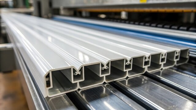 Closeup of the shiny extruded plastic profiles as they emerge from the machine showcasing the glossy finish and perfect uniformity of the material.
