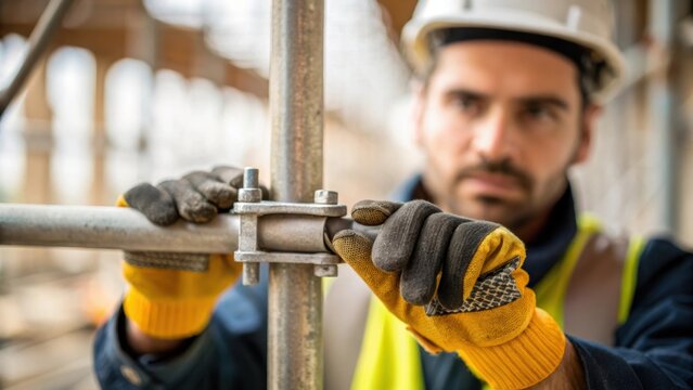 Closeup of the scaffolder adjusting a clamp with gloved hands the intricate details of his grip highlighting his expertise. The blurred construction site in the background suggests