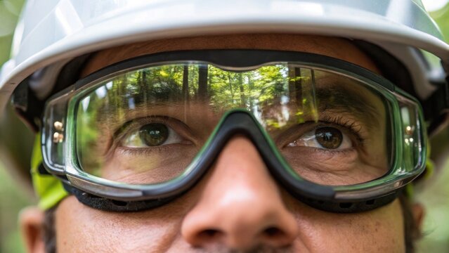 Closeup of the surveyors safety glasses as he peers through a magnifying lens his eyes filled with keen awareness. The detailed view reflects the surrounding environment merging