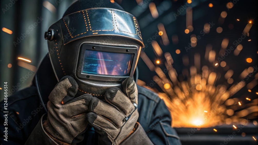 Poster closeup of the welders gear showcasing the intricate textures of the gloves and the reflective visor