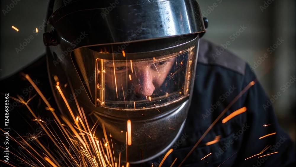 Poster Closeup of the welders face shield showcasing the fiery sparks against the visor creating a mesmerizing play of light and shadow while the intense concentration in the welders brow