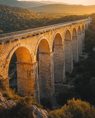 Majestic ancient aqueduct gracefully spanning a lush valley under a clear blue sky.