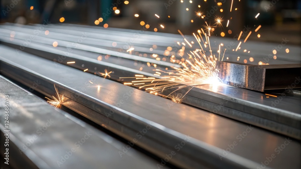 Poster closeup of the work surface where freshly welded metal parts meet with bright sparks and a shimmerin