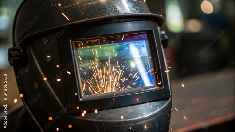 Aufkleber Closeup on the welders visor where tiny glowing sparks appear suspended in the reflection transforming the surface into a captivating spectacle of light and energy.