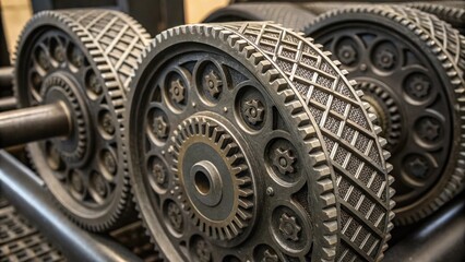 Fototapeta premium Closeup on the rolling wheels showcasing the intricate patterns etched into their surface from years of operation. The gears mesh smoothly emphasizing the fine balance between