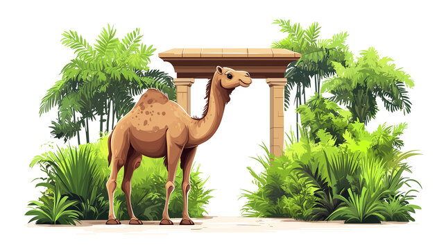 ?amel standing near an ancient stone archway zoo entrance, surrounded by lush green tropical plants, symbolizing adventure and desert wildlife