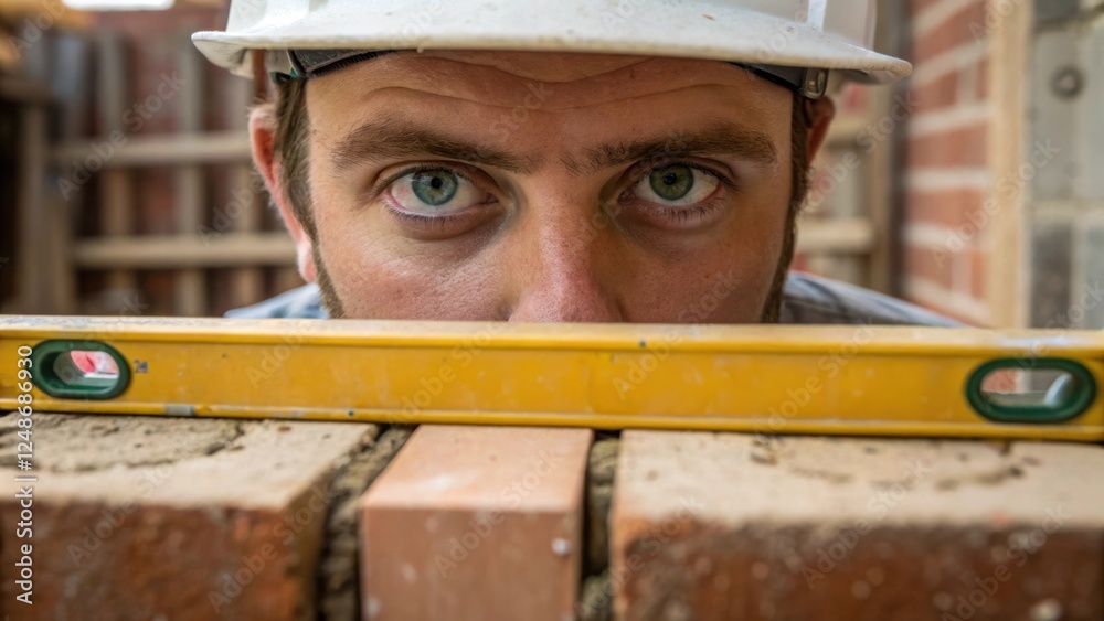 Poster detailed closeup of the masons intense eyes framed by dusty as he inspects the alignment of his work