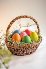 Obraz premium A wicker basket filled with colorful Easter eggs, perfect for decorating or as a centerpiece